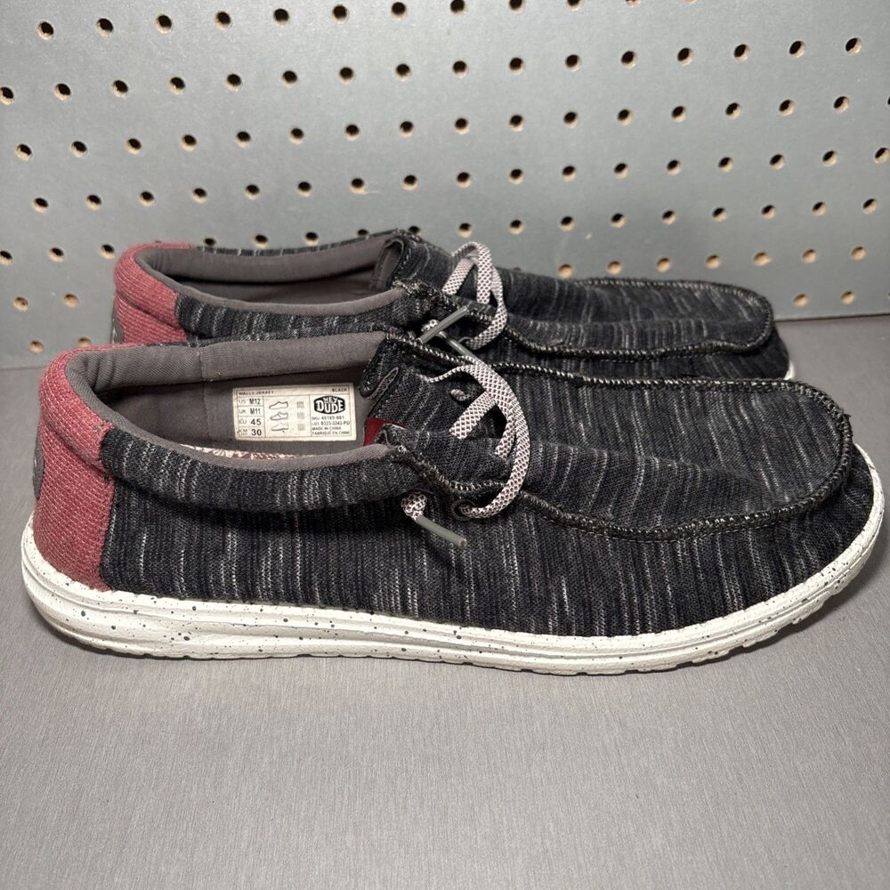 Hey Dude Wally Jersey Mens Sz 12 Black Red Casual Slip On Shoes Lightweight
